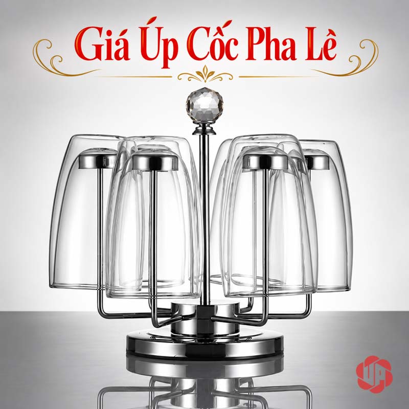 Giá Úp Cốc Uống Nước Inox Đỉnh Pha Lê UP001C Giá úp cốc uống nước inox với cốc thủy tinh trên nền xám