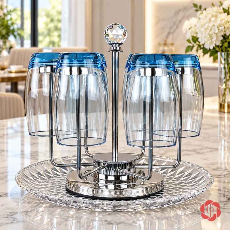 Giá Úp Cốc Uống Nước Inox Đỉnh Pha Lê UP001C Giá úp cốc uống nước phối cốc viền xanh trên đĩa