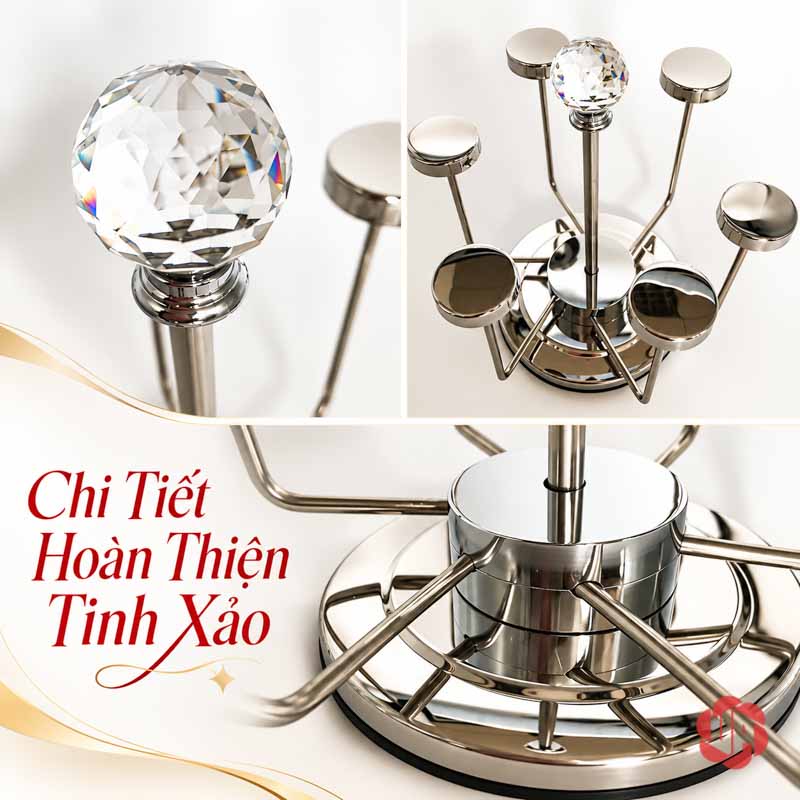Giá Úp Cốc Uống Nước Inox Đỉnh Pha Lê UP001C Giá úp cốc uống nước với ảnh ghép đỉnh pha lê và khung