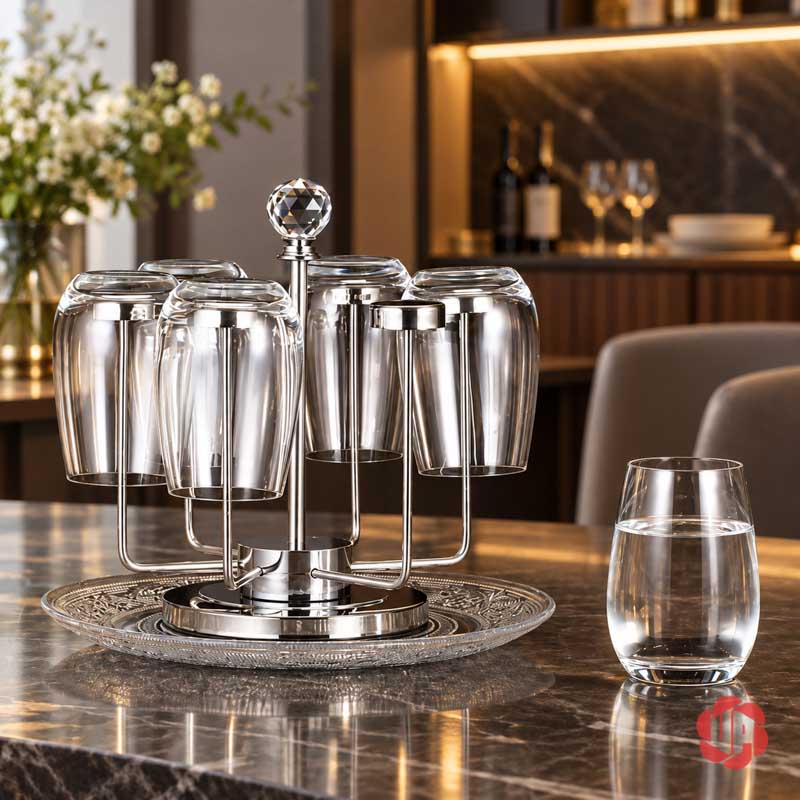 Giá Úp Cốc Uống Nước Inox Đỉnh Pha Lê UP001C Giá úp cốc uống nước với cốc thấp bên ly nước trên bàn