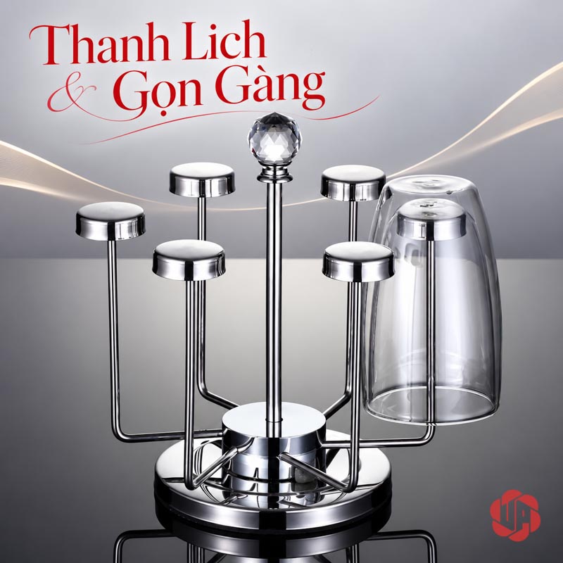 Giá Úp Cốc Uống Nước Inox Đỉnh Pha Lê UP001C Giá úp cốc uống nước với một cốc úp trên nhánh bên phải