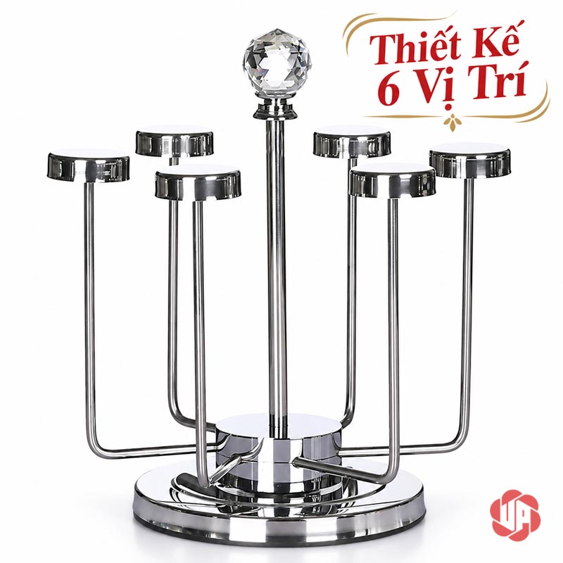 Giá Úp Cốc Uống Nước Inox Đỉnh Pha Lê UP001C Giá úp cốc uống nước với sáu đầu đỡ tròn xếp quanh trụ