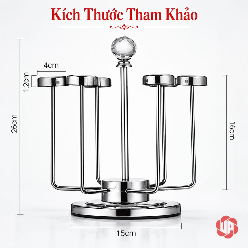 Giá Úp Cốc Uống Nước Inox Đỉnh Pha Lê UP001C Giá úp cốc uống nước với sơ đồ kích thước khung và đầu đỡ