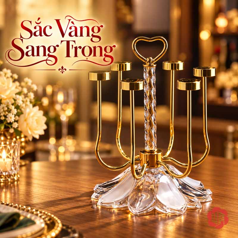 Giá Úp Cốc Để Bàn Tay Cầm Trái Tim UP002C Giá úp cốc vàng trong không gian có đèn ấm