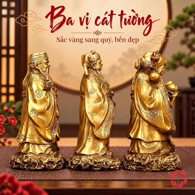 Bộ Tượng Phúc Lộc Thọ Tam Đa Bằng Đồng UPD008 Bộ tượng Phúc Lộc Thọ bằng đồng nhìn từ bên hông trong phòng truyền thống