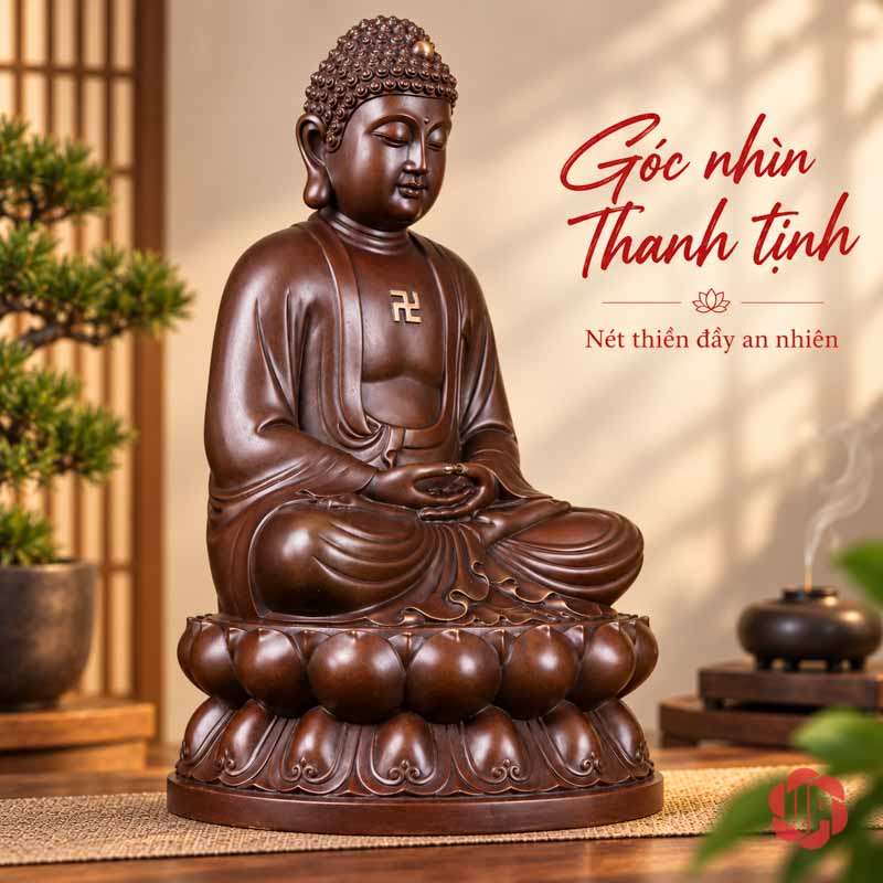 Tượng Phật Thích Ca Mâu Ni Ngồi Thiền Bằng Đồng UPD011 Tượng Phật ngồi thiền chụp chếch bên phải, nổi rõ đầu tóc xoăn và áo choàng