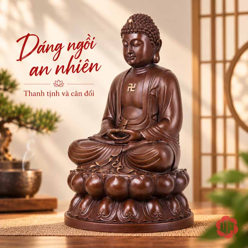 Tượng Phật Thích Ca Mâu Ni Ngồi Thiền Bằng Đồng UPD011 Tượng Phật ngồi kiết già trên đài sen chụp nghiêng ba phần tư