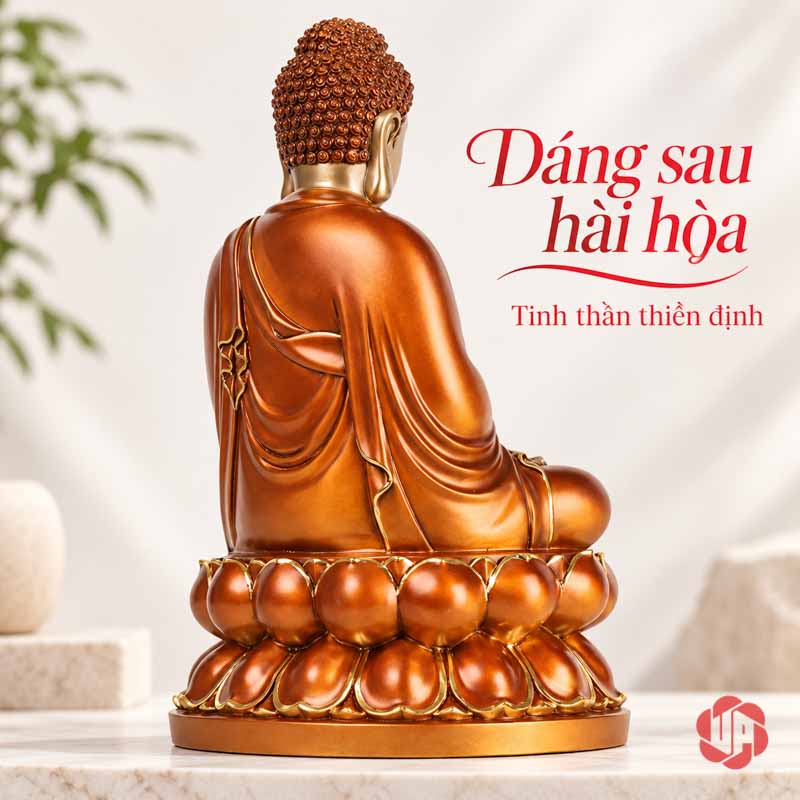 Tượng Phật Tổ Như Lai Ngồi Thiền Sắc Đồng UPD009 Tượng Phật Như Lai nhìn từ sau bên phải với nếp áo mềm và đài sen
