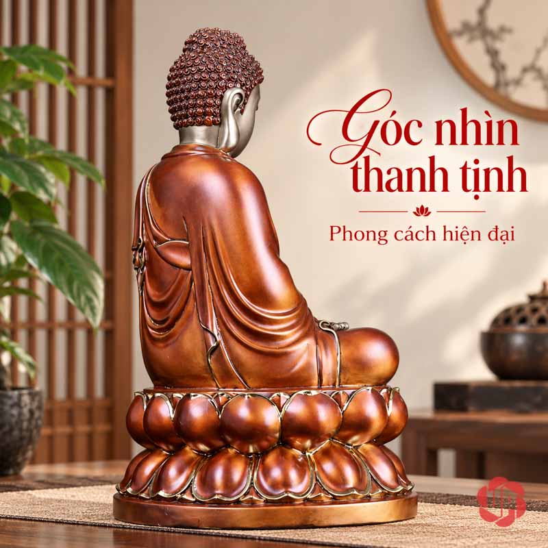 Tượng Phật Tổ Như Lai Ngồi Thiền Sắc Đồng UPD009 Tượng Phật Tổ ngồi trên sen nhìn nghiêng từ phía sau trong phòng sáng
