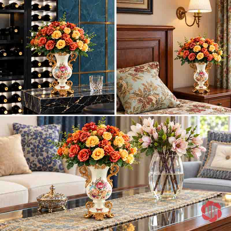 Bình Hoa Trang Trí Tân Cổ Điển Hai Quai Họa Tiết Hoa Hồng BG048 Ảnh ghép bình hoa tân cổ điển hai quai trang trí trên bàn đá, tủ đầu giường và bàn phòng khách.