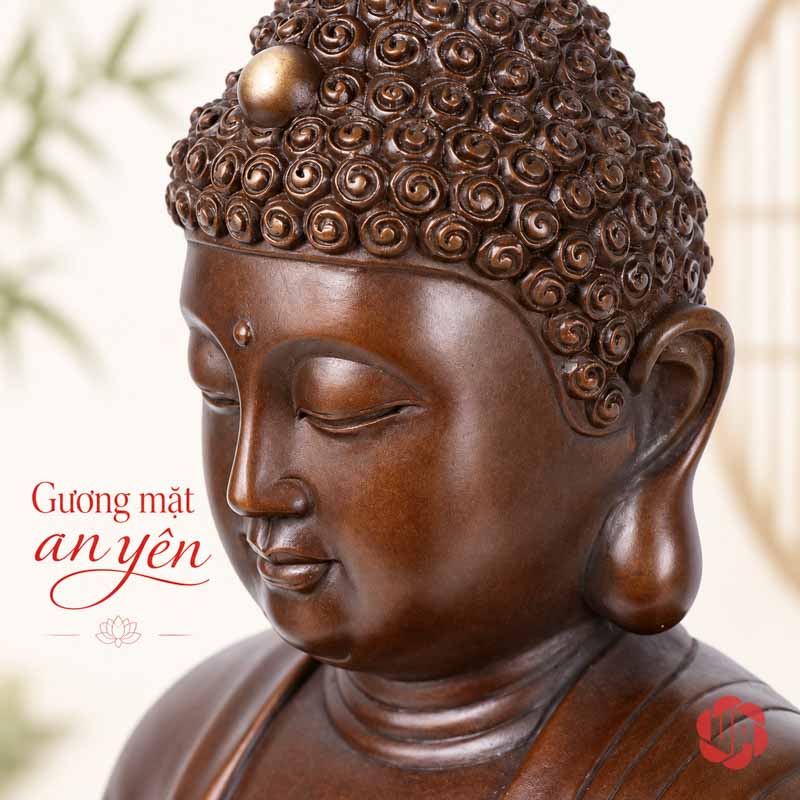Tượng Phật Thích Ca Mâu Ni Ngồi Thiền Bằng Đồng UPD011 Cận cảnh gương mặt tượng Phật nhắm mắt và những lọn tóc xoăn đều