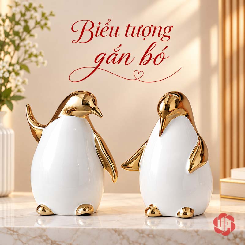 Tượng Decor Gia Đình Chim Cánh Cụt Trắng Vàng UPV080 Hai chim cánh cụt lớn màu trắng phối vàng