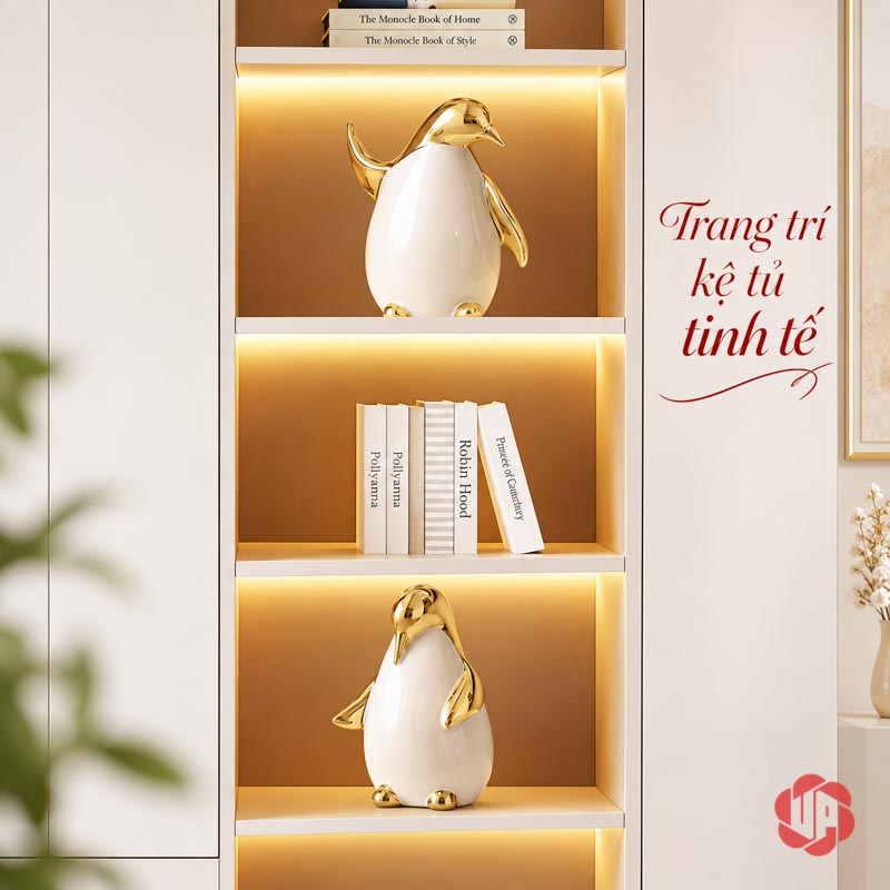 Tượng Decor Gia Đình Chim Cánh Cụt Trắng Vàng UPV080 Hai chim cánh cụt lớn trong các ngăn kệ dọc