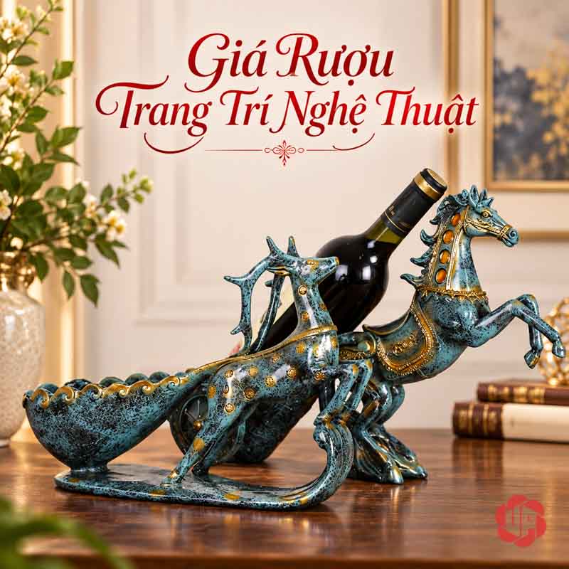 Kệ Rượu Vang Tuấn Mã Và Tuần Lộc Nghệ Thuật UP016R Kệ rượu vang tuấn mã và tuần lộc chụp gần, hai mẫu đặt chồng lớp trong khung hình.