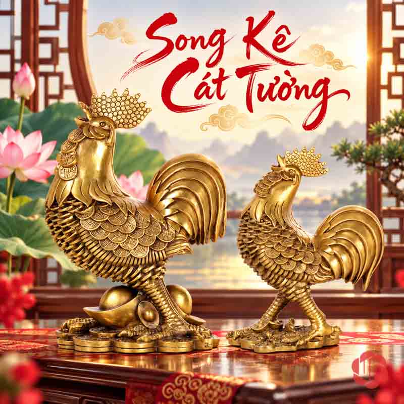 Tượng Con Gà Trống Tài Lộc Bằng Đồng UPD023 Hai kiểu tượng gà trống đặt cạnh nhau