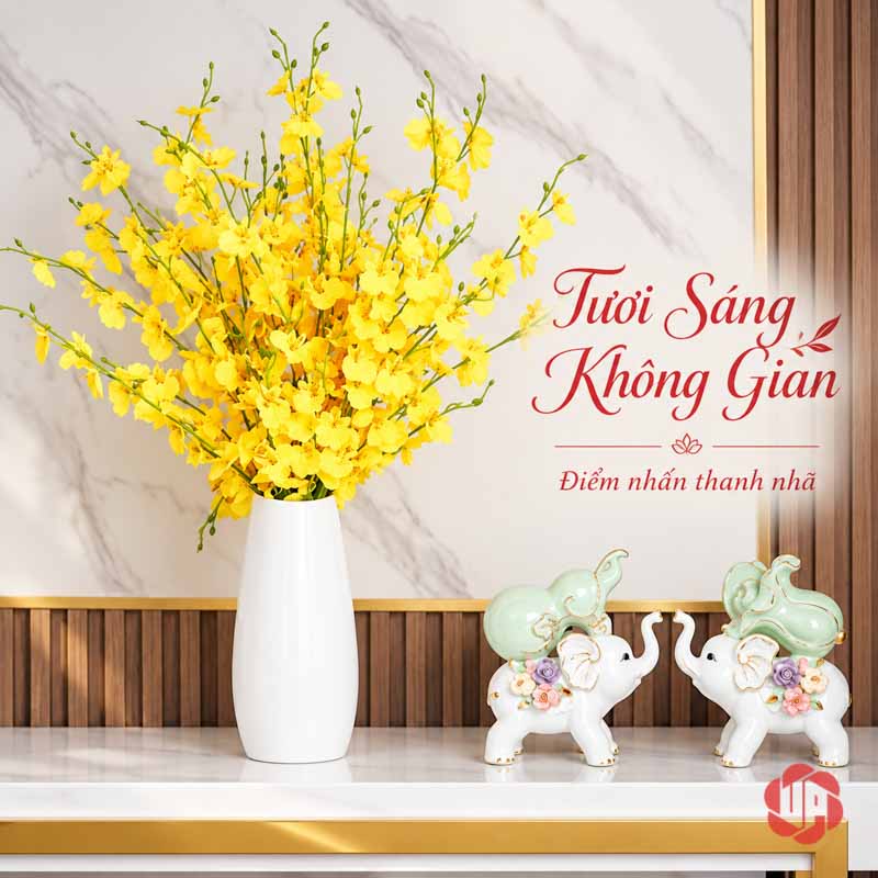 Tượng Trang Trí Đôi Voi Tài Lộc Hồ Lô Và Bắp Cải UPS033 Hai tượng voi nhỏ bên bình hoa vàng cao