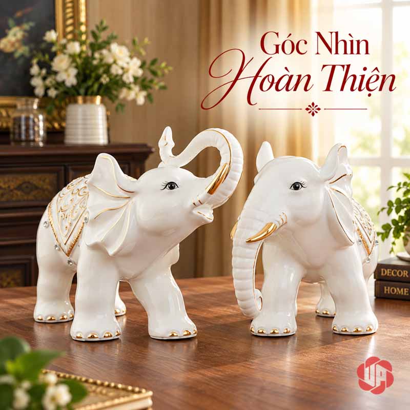 Đồ Trang Trí Nhà Đẹp Đôi Voi Gốm Sứ May Mắn UPS015 Hai tượng voi sứ trắng nhìn từ phía trước