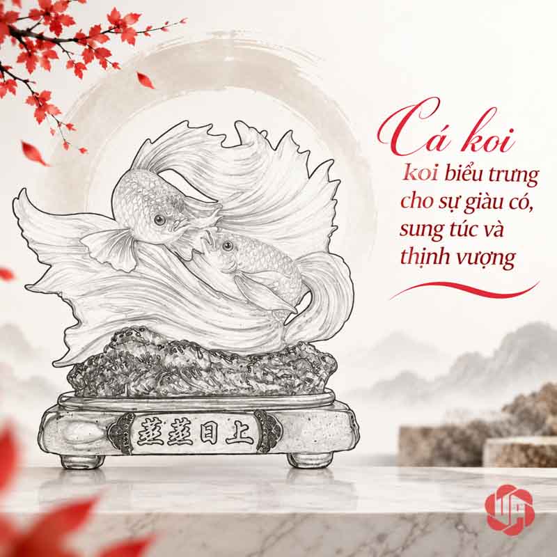 Tượng Trang Trí Phong Thủy Đôi Cá Koi May Mắn UPV081 Hình minh họa nét vẽ đôi cá Koi và sóng nước
