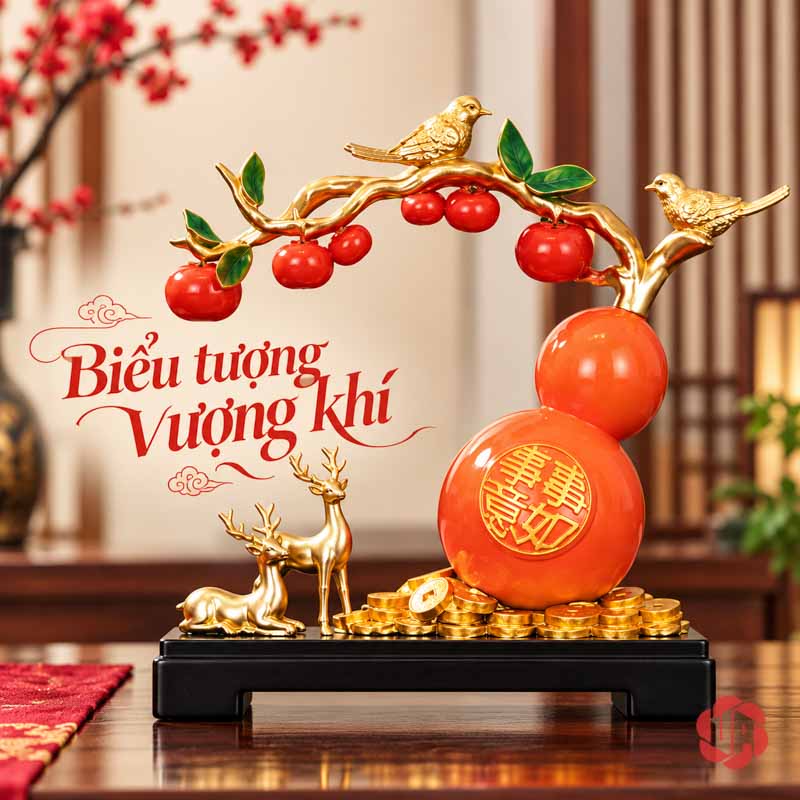 Hồ Lô Phong Thủy Hươu Và Chim Cành Hồng UP058 Cành hồng quả đỏ và đôi chim phía trên hồ lô