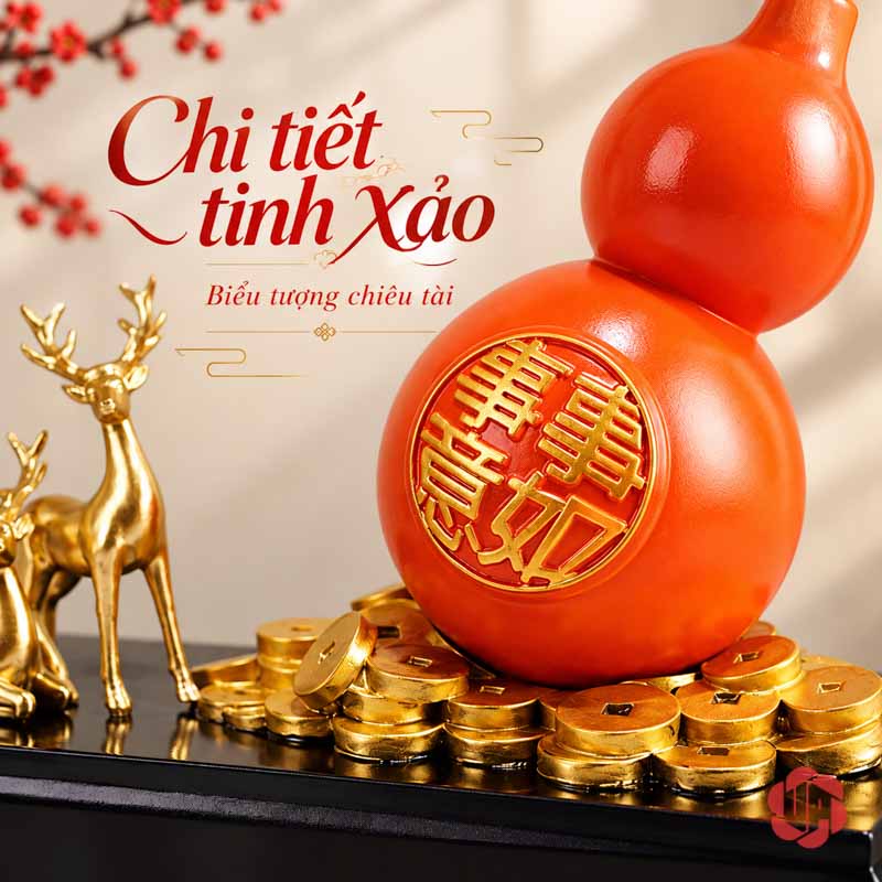 Hồ Lô Phong Thủy Hươu Và Chim Cành Hồng UP058 Cận họa tiết vàng trên thân hồ lô và những đồng tiền ở chân