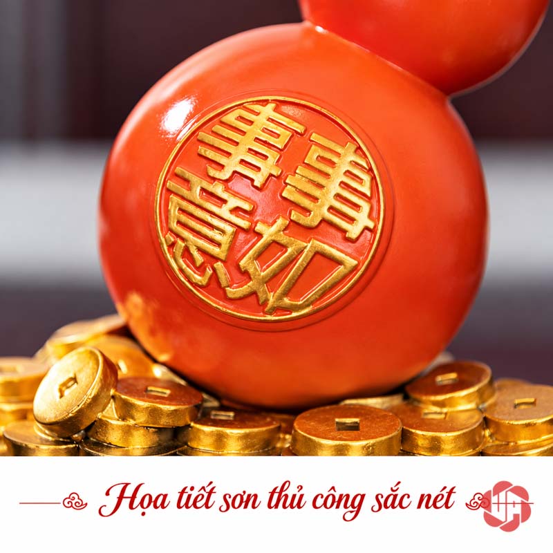 Hồ Lô Phong Thủy Hươu Và Chim Cành Hồng UP058 Cận thân hồ lô đỏ cam có họa tiết tròn màu vàng