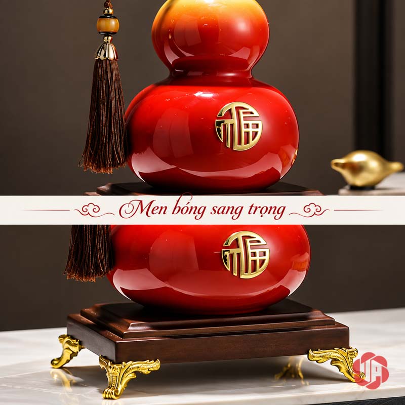 Hồ Lô Phong Thủy Gốm Sứ Chữ Phúc UP058A Ảnh ghép cận chữ Phúc trên thân và chân đế hồ lô