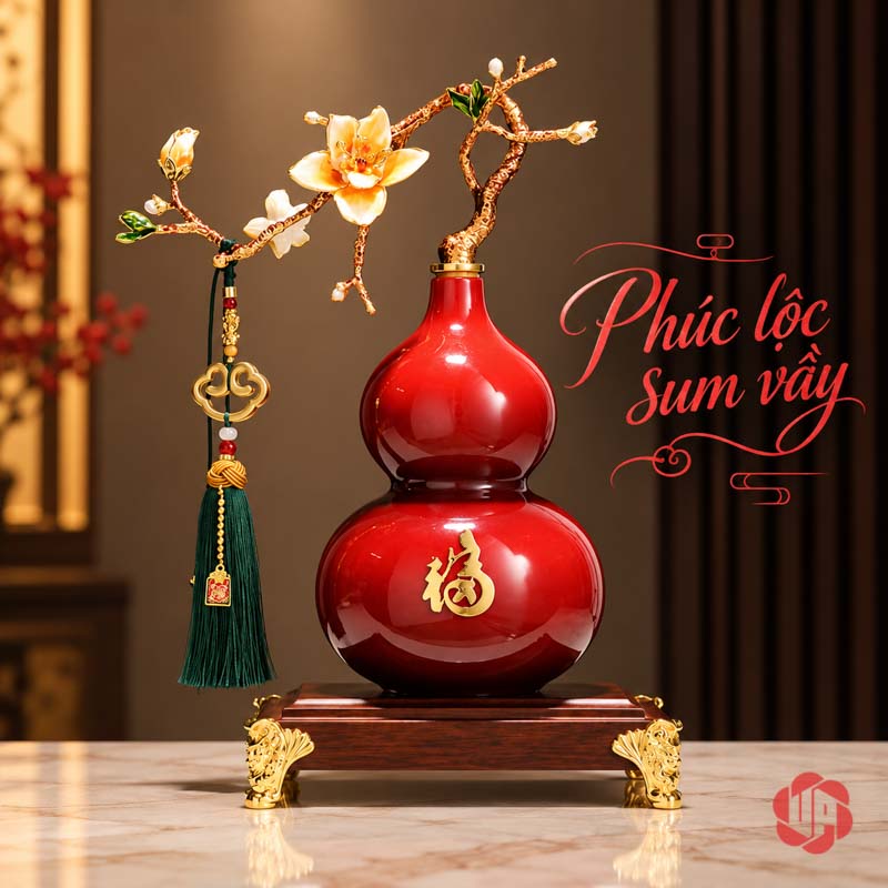 Hồ Lô Phong Thủy Gốm Sứ Chữ Phúc UP058A Hồ lô cành hoa chữ Phúc đặt trên mặt bàn vân đá