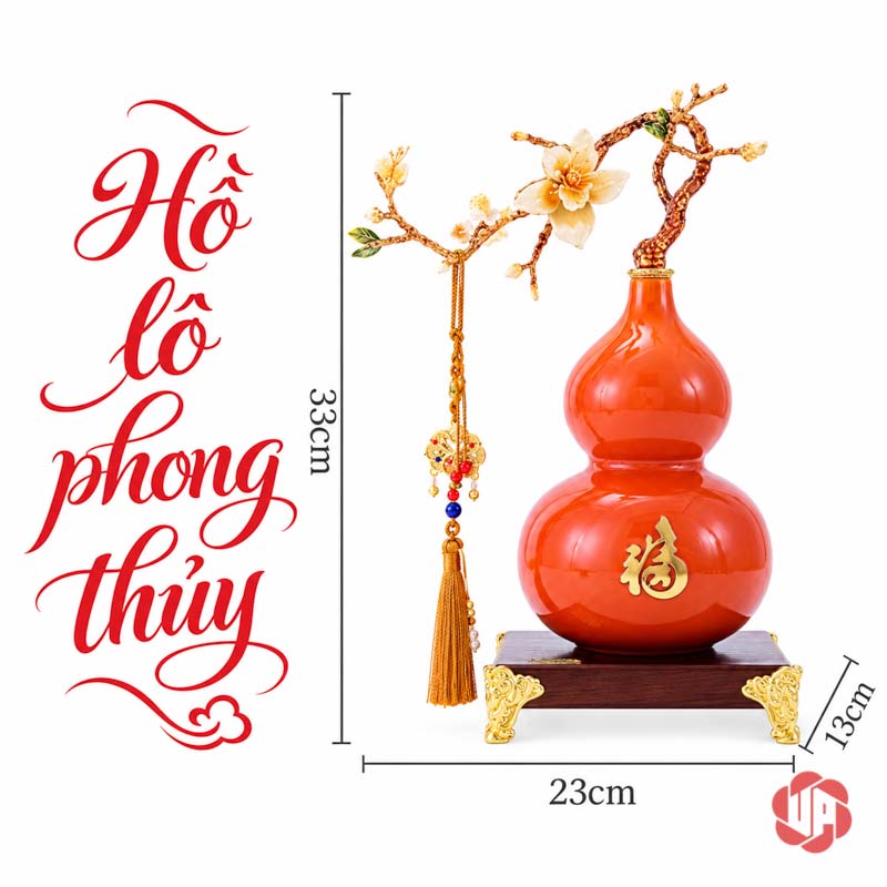Hồ Lô Phong Thủy Gốm Sứ Chữ Phúc UP058A Sơ đồ hồ lô cành hoa rộng 23, sâu 13 và cao 33 cm