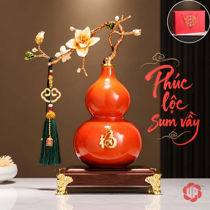 Hồ Lô Phong Thủy Gốm Sứ Chữ Phúc UP058A Hồ lô cành hoa có chữ Phúc và tua xanh trên nền tối