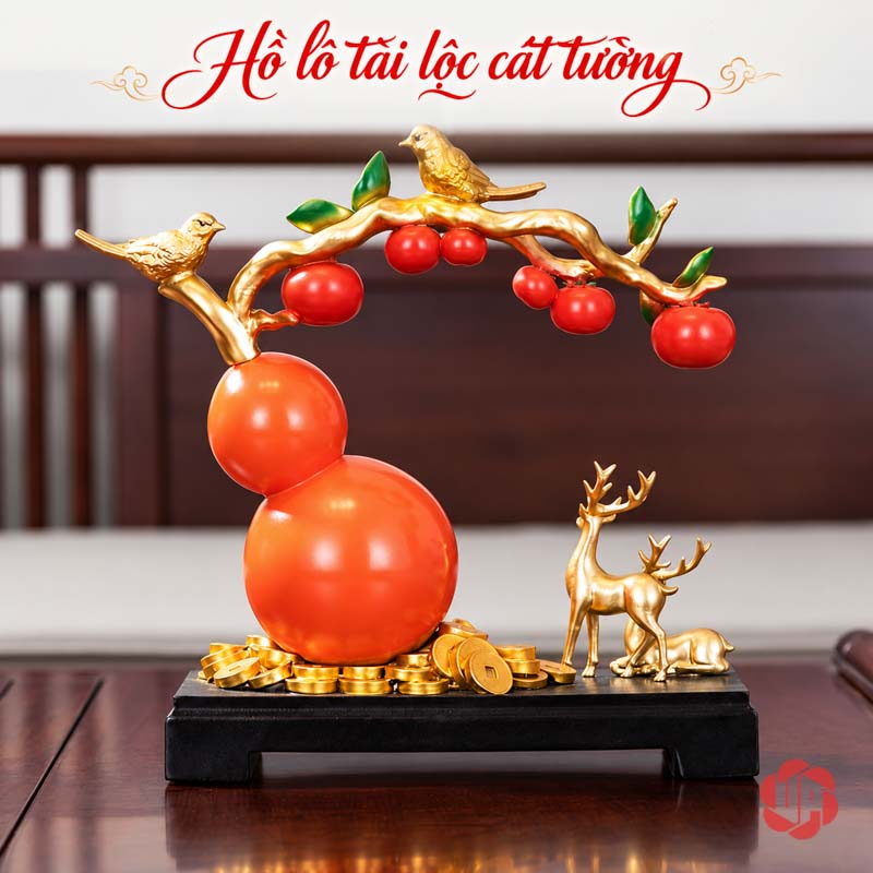 Hồ Lô Phong Thủy Hươu Và Chim Cành Hồng UP058 Toàn cảnh mặt sau hồ lô với cành hồng trải ngang