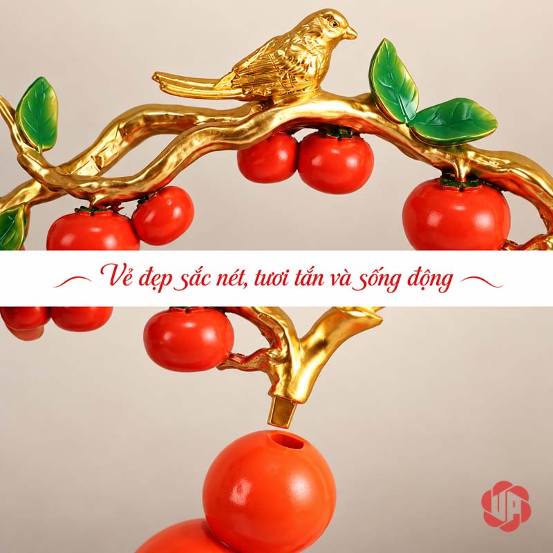 Hồ Lô Phong Thủy Hươu Và Chim Cành Hồng UP058 Ảnh ghép cận chim vàng, quả hồng đỏ và đỉnh hồ lô