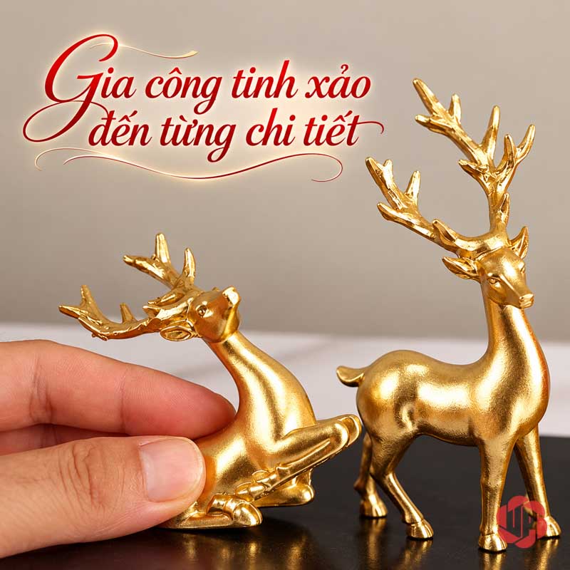 Hồ Lô Phong Thủy Hươu Và Chim Cành Hồng UP058 Cận hươu đứng và hươu nằm trên chân đế hồ lô