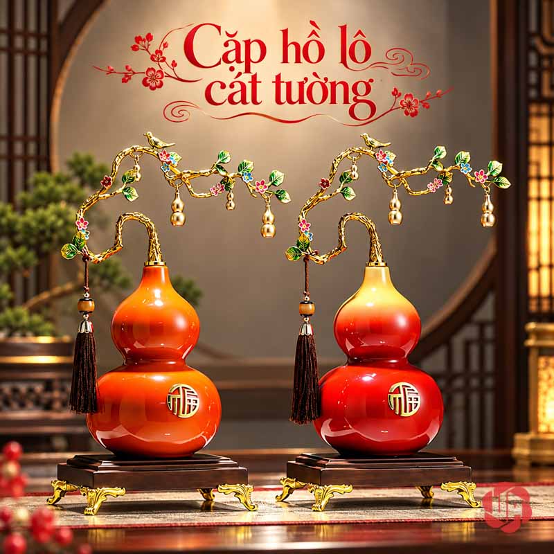 Hồ Lô Phong Thủy Gốm Sứ Chữ Phúc UP058A Hai hồ lô cành treo đặt cạnh nhau trên bàn