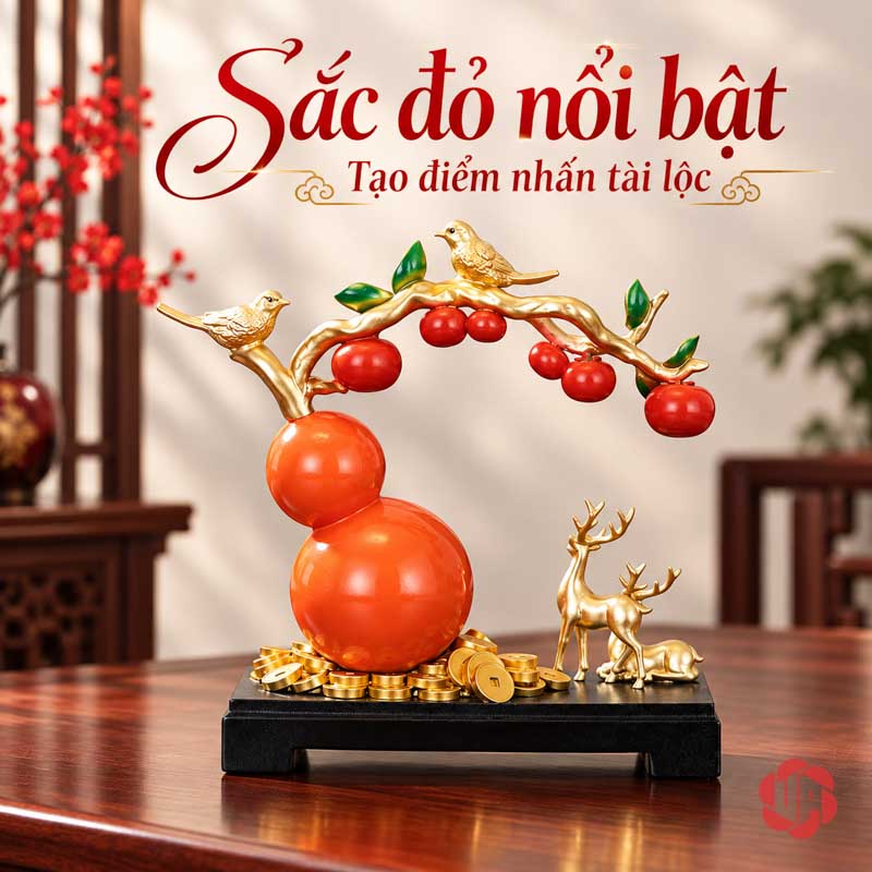 Hồ Lô Phong Thủy Hươu Và Chim Cành Hồng UP058 Hồ lô nhìn từ phía sau trên bàn gỗ màu nâu