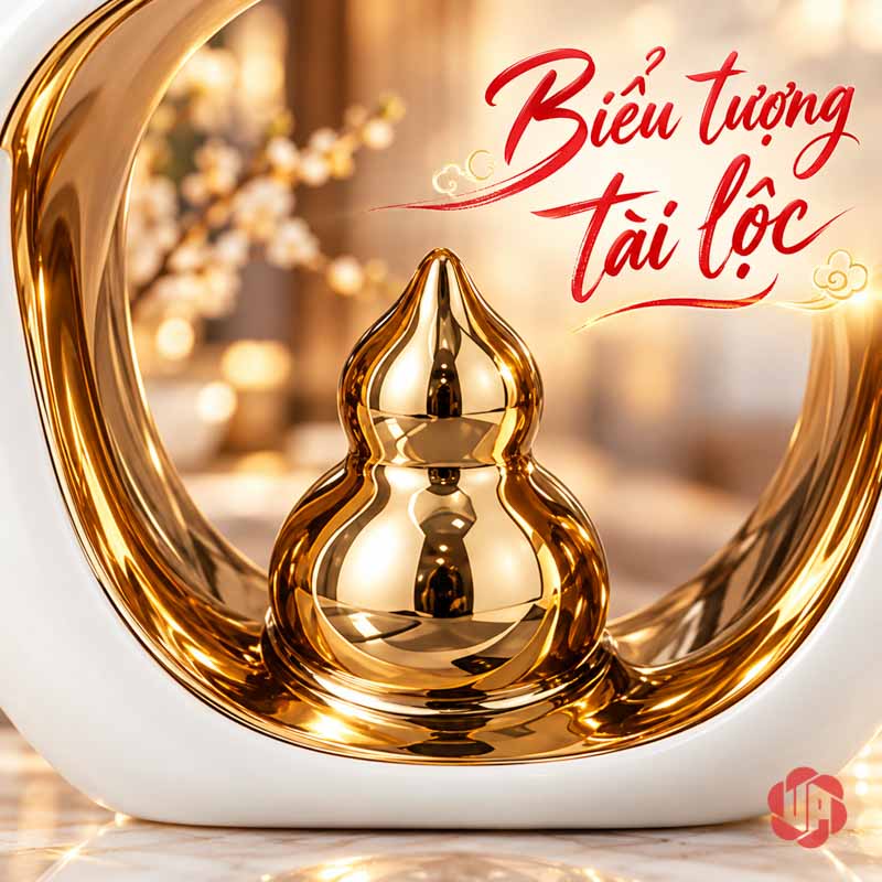 Decor Trang Trí Đôi Hồ Lô Gốm Sứ UP066V Hồ lô nhỏ màu vàng nằm trong khoảng rỗng của tượng lớn
