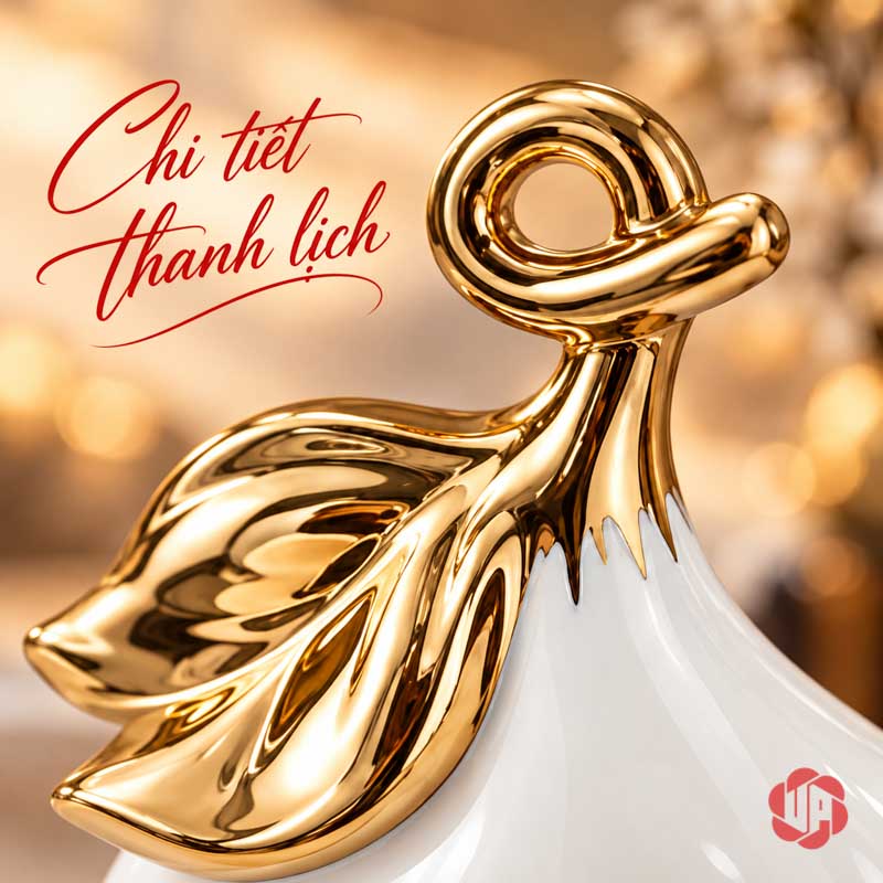 Decor Trang Trí Đôi Hồ Lô Gốm Sứ UP066V Lá vàng gắn bên cuống tròn của hồ lô trắng