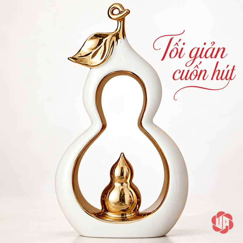 Decor Trang Trí Đôi Hồ Lô Gốm Sứ UP066V Hồ lô trắng dáng cao với chi tiết vàng bên trong