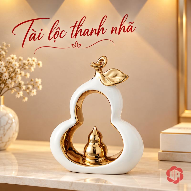 Decor Trang Trí Đôi Hồ Lô Gốm Sứ UP066V Một hồ lô trắng dáng thấp trên bàn sáng