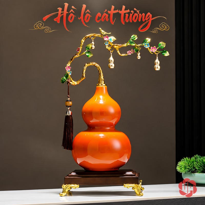 Hồ Lô Phong Thủy Gốm Sứ Chữ Phúc UP058A Mặt sau hồ lô tông cam có cành treo hồ lô nhỏ