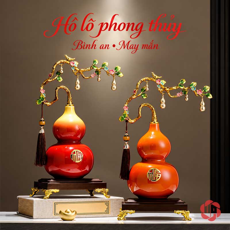 Hồ Lô Phong Thủy Gốm Sứ Chữ Phúc UP058A Hai hồ lô cành treo nhỏ xếp lệch cao độ