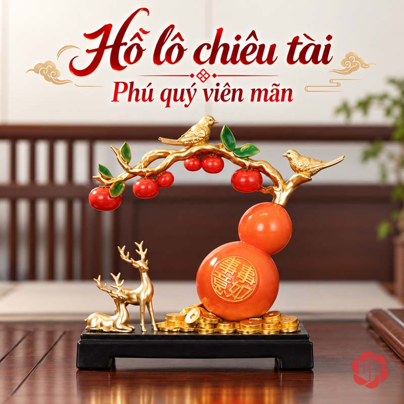 Hồ Lô Phong Thủy Hươu Và Chim Cành Hồng UP058 Hồ lô đỏ cam với cành hồng vàng đặt trên bàn gỗ