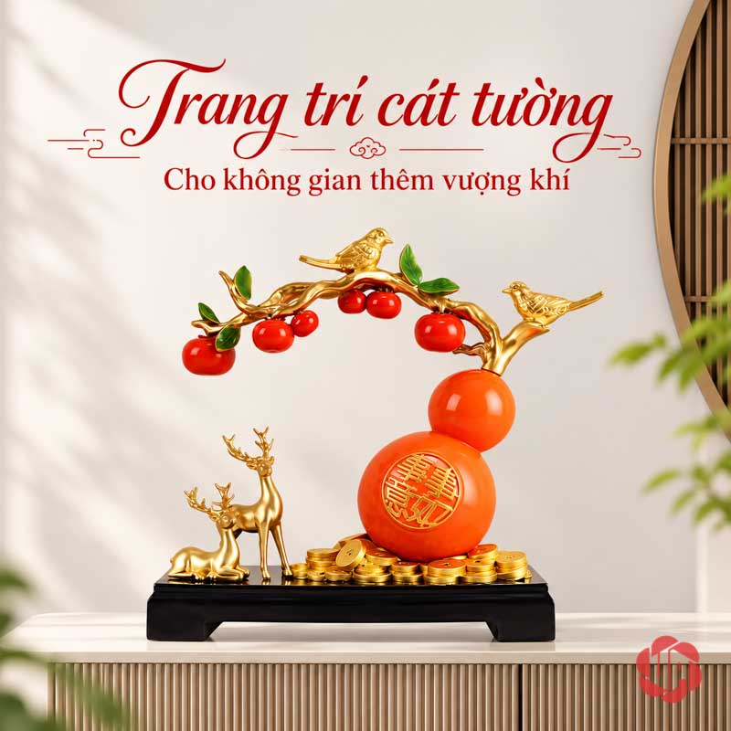 Hồ Lô Phong Thủy Hươu Và Chim Cành Hồng UP058 Tượng hồ lô và đôi hươu trên mặt kệ sáng màu