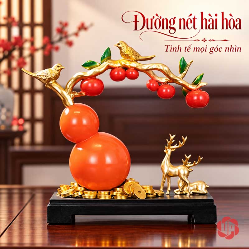 Hồ Lô Phong Thủy Hươu Và Chim Cành Hồng UP058 Mặt sau hồ lô đỏ cam với đôi hươu ở phía phải ảnh