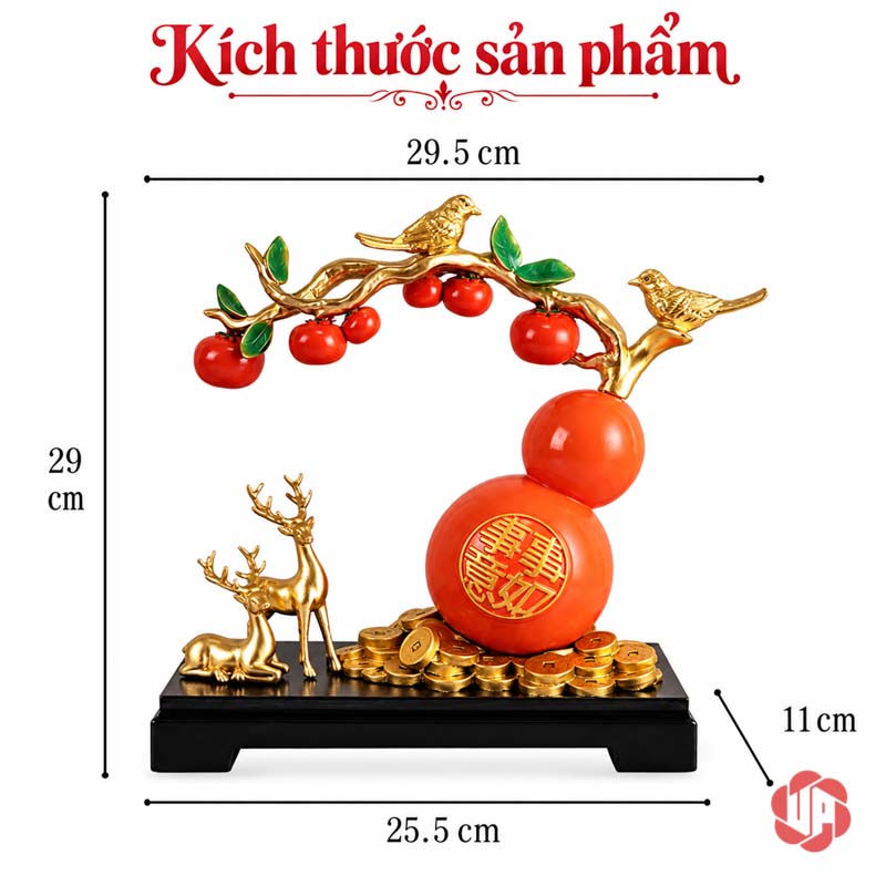 Hồ Lô Phong Thủy Hươu Và Chim Cành Hồng UP058 Sơ đồ hồ lô rộng 29,5 cm, cao 29 cm, sâu 11 cm