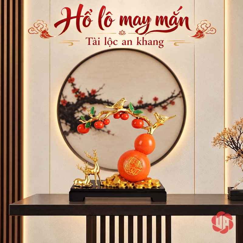 Hồ Lô Phong Thủy Hươu Và Chim Cành Hồng UP058 Tượng hồ lô hươu chim trên bàn console trước tranh tròn