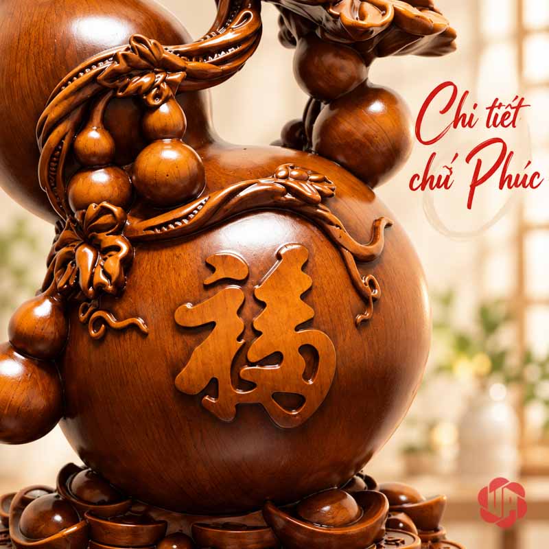 Hồ Lô Phong Thủy Phúc Lộc Màu Nâu Gỗ UP076V Hồ lô phong thủy cận cảnh chữ Phúc và chùm quả nhỏ