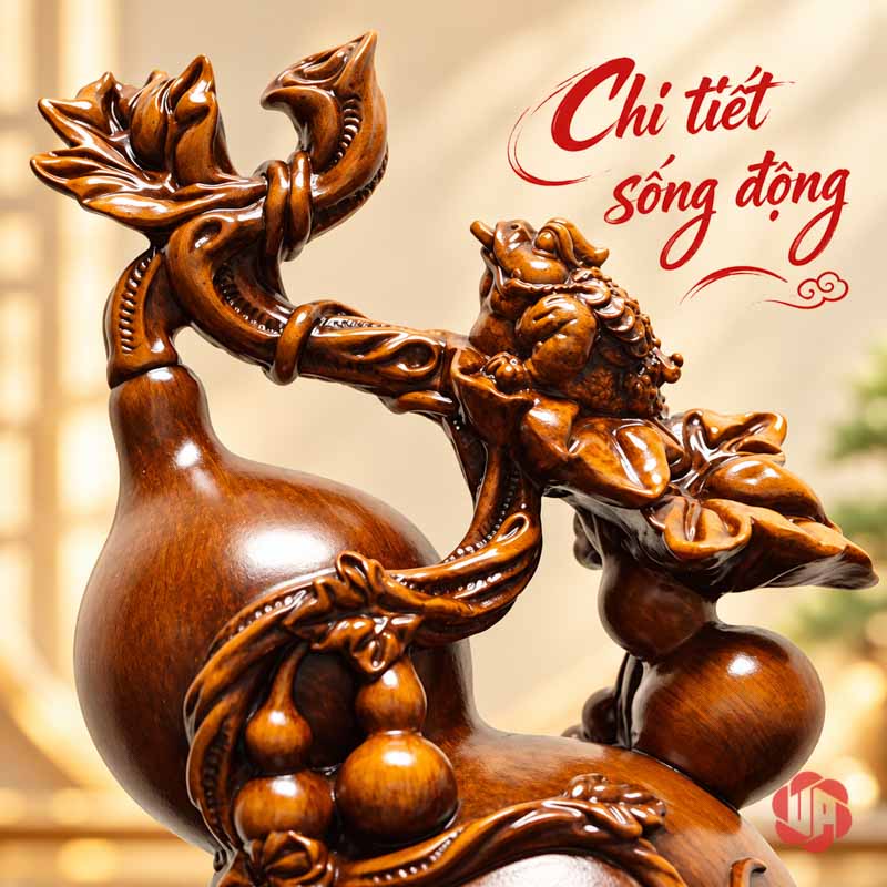 Hồ Lô Phong Thủy Phúc Lộc Màu Nâu Gỗ UP076V Hồ lô phong thủy cận cảnh thiềm thừ trên dây lá uốn