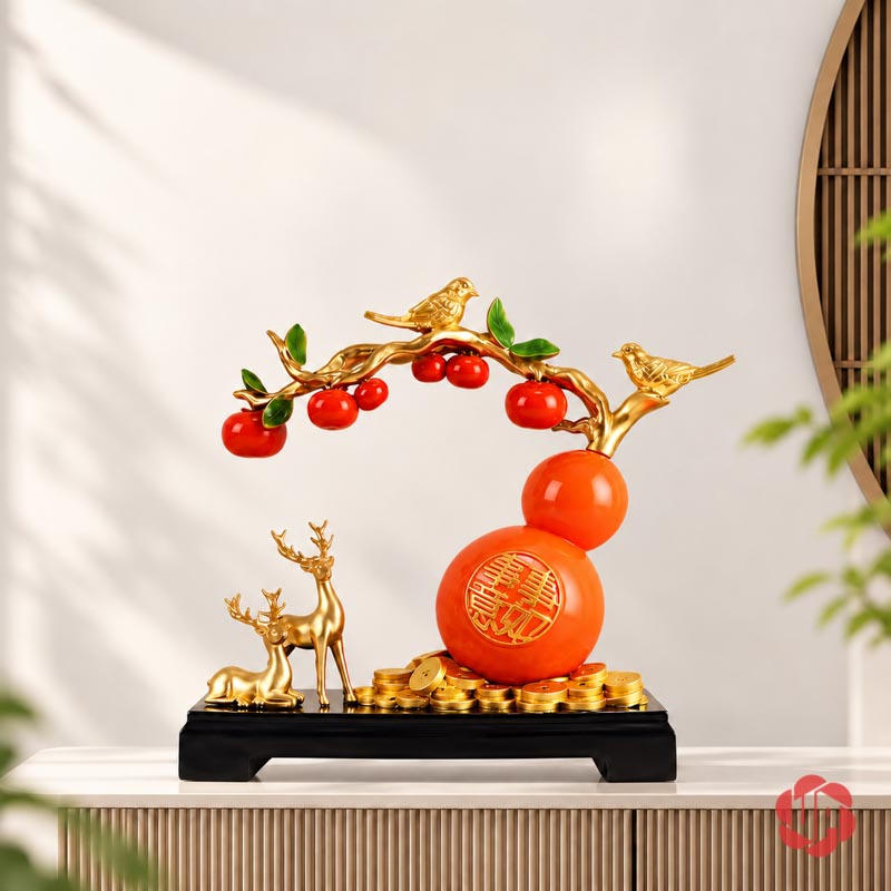 Hồ Lô Phong Thủy Hươu Và Chim Cành Hồng UP058 Hồ lô phong thủy đỏ cam cùng đôi hươu và chim trên cành hồng