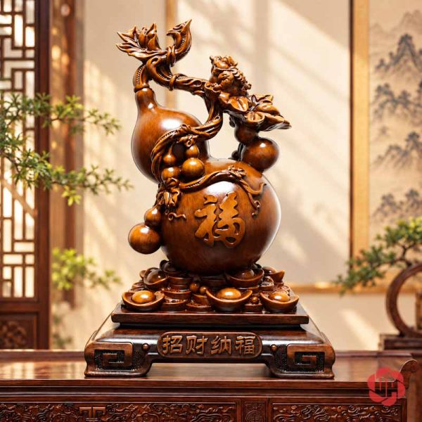 Hồ lô phong thủy màu nâu gỗ với chữ Phúc trên thân chính