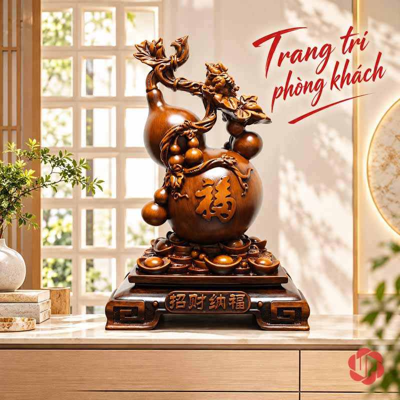 Hồ Lô Phong Thủy Phúc Lộc Màu Nâu Gỗ UP076V Hồ lô phong thủy màu nâu trên tủ sáng bên cửa sổ